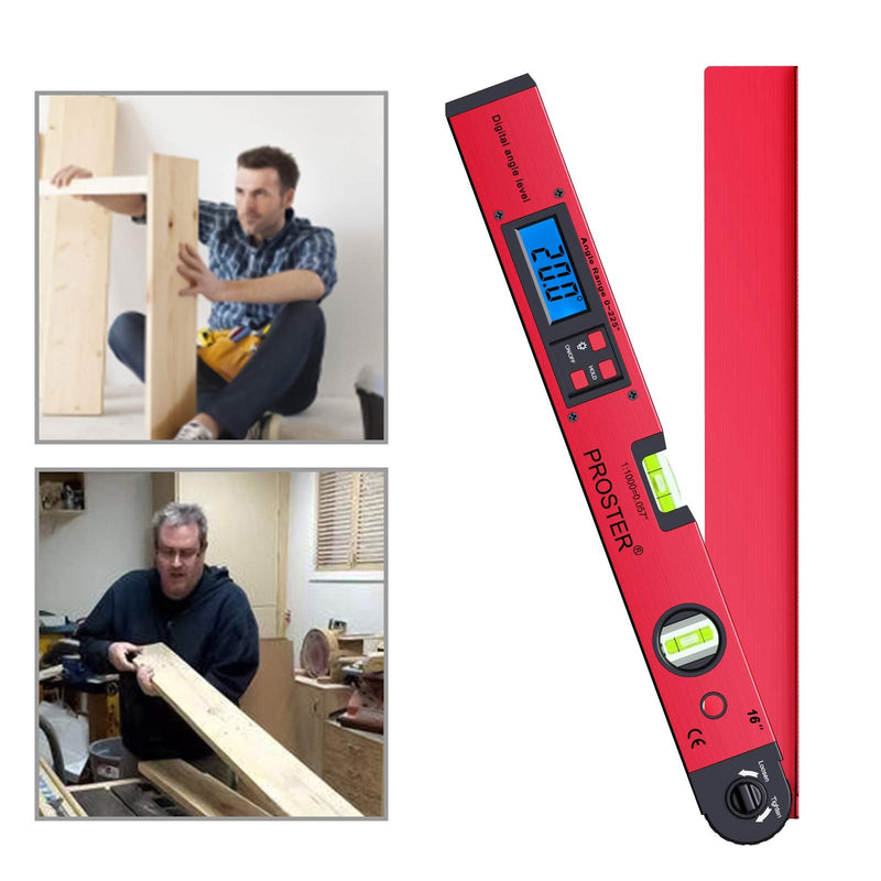 Proster Digital Protractor 0-225 ° Digital Protractor with Spirit Level and LCD Illumination 400 mm / 16 Inch Angle Measuring Device with Battery and Bag for Roofing Technology - Red Red