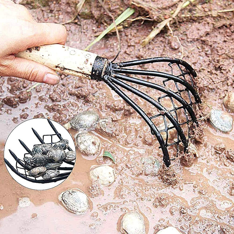 5-Tine Ninja Steel Claws Hand Rake with Mesh Net, Clam Fork, Short Wooden Handle, Ergonomic, Non-Slip, Lightweight, Sturdy, Compact - Comes with Portable Folding Bucket (Blue)