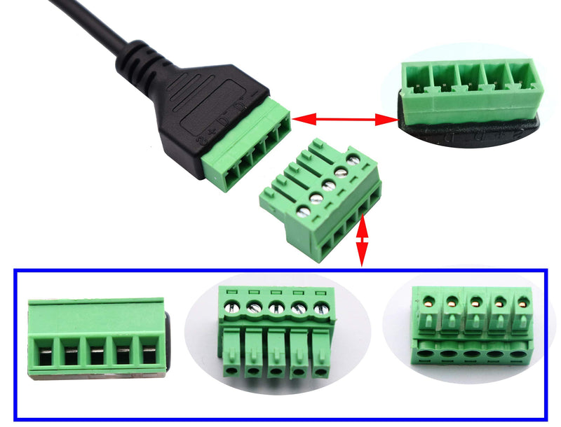 zdyCGTime USB 2.0 A Screw Terminal Block Connector Cable USB 2.0 A Male Plug to 5 Pin/Way Female Bolt Screw with Shield terminals Pluggable Type Adapter Connector Converter Cable（30CM/2Packs)(Male)