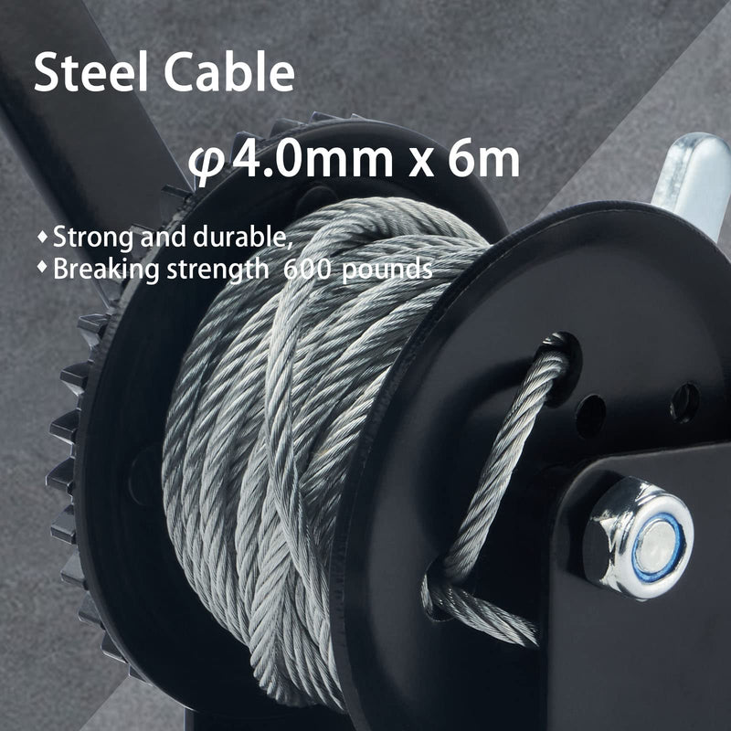 TYT 600LB Boat Trailer Winch with 6M Steel Wire, Hardened Steel Gear Heavy Duty Hand Winch, Operated Two-Way Ratchet Cable Winch, Ratio 3.2:1 Crank Small Winch for ATV UTV Marine Jet Ski Trailer Winch 600lb Cable Winch - Black
