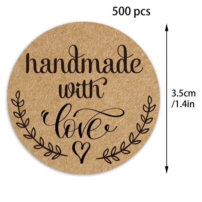 1.4" Inch Round Handmade with Love Stickers, 500 Rustic Style Labels per Roll, Great for Gifts, as an Envelope Seal or for embellishing Cards and Scrapbook Pages.