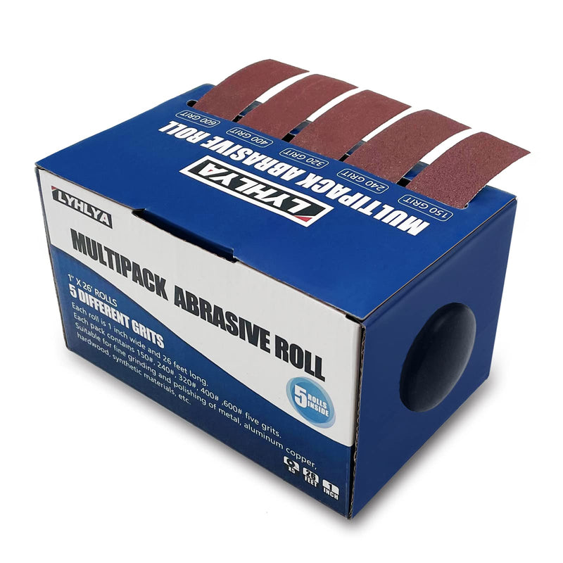 5 Rolls Sandpaper, 1 Inch x 26 Feed Sand Paper Abrasive Paper with Dispenser Emery Cloth Roll for Wood Furniture Finishing Metal Sanding Automotive Polishing, 150/240/320/400/600 5