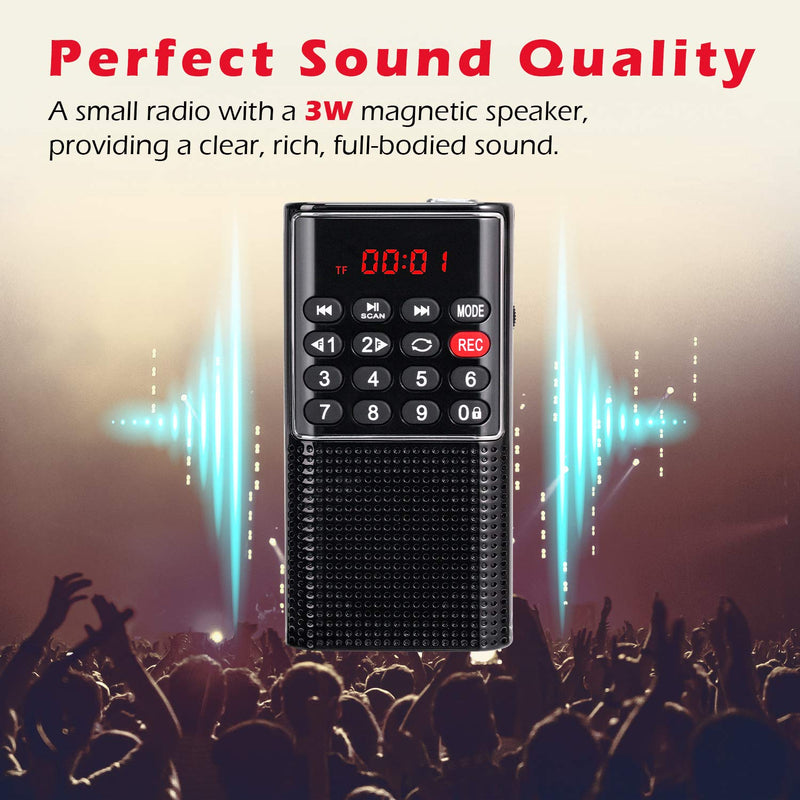 Mini Pocket FM Walkman Radio Portable Battery Radio with Recorder, Lock Key, SD Card Player, Rechargeable Battery Operated, by PRUNUS(NO AM) Black