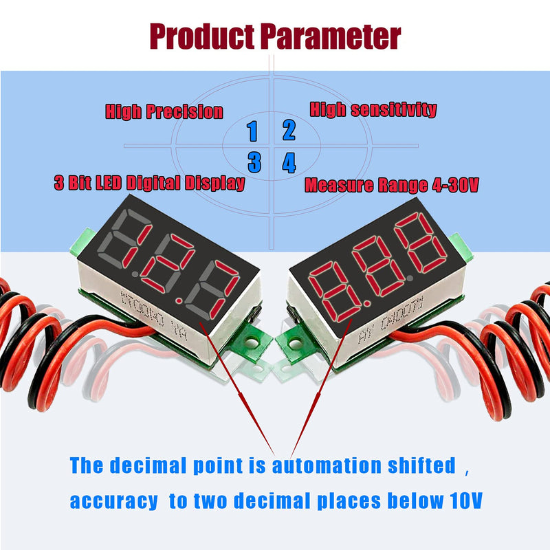 DaFuRui dc Voltage Display，6pcs Mini Digital Voltmeter 0.36 Inch Two-Wire DC 4V-30V Digital Voltmeter Voltage Tester Reverse Polarity Protection and Accurate Pressure Measurement（Red）