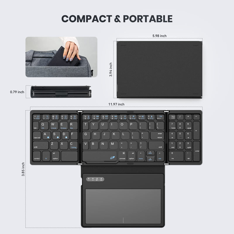 GEODMAER Foldable Bluetooth Keyboard, Portable Full Size Bluetooth Keyboard with Large Touchpad, Rechargeable Tri-Folding Ultra Slim Travel Keyboard for Windows iOS Android Mac, Sync up to 3 Devices
