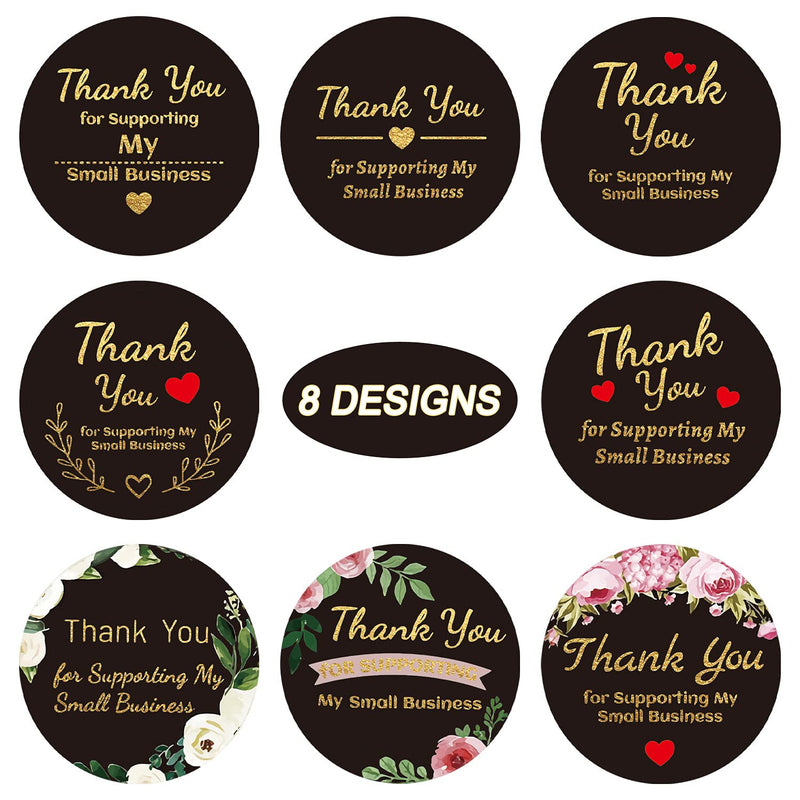 1.5 inch Thank You for Supporting My Small Business Stickers, Black Thank You Round Labels, 8 Styles, Custom Sticker for Bakeries, Crafters & Small Business Owners, 500 Labels Per Roll