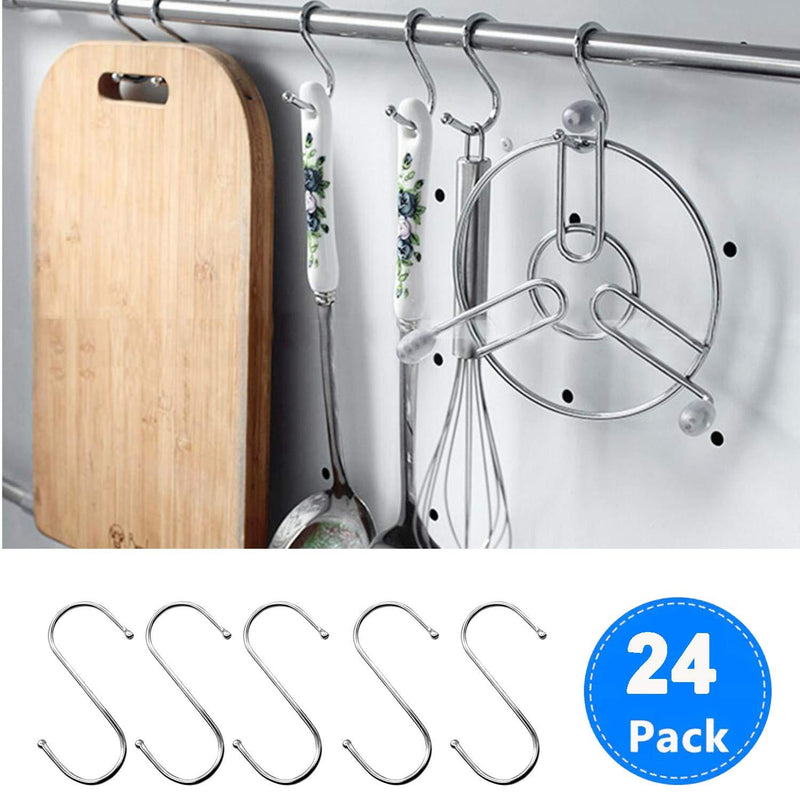 Dreecy 3.6 inch S Shaped Hooks (24 Pack) Heavy Duty Stainless Steel Metal S Hooks Rack Hangers for Hanging Kitchenware Pan Pots Utensils Clothes Bags Towels Plants,Bedroom and Office, Silver