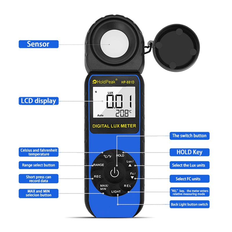 Light Meter HOLDPEAK HP-881D Digital Photographic Light Meters 0.01-400,000 Lux /1-40,000 FC 270° Rotatable Detector for Photography LED Lights Plants Lumen Meter Z-HP-881D-BLUE(0.01-400,000 Lux /1-40,000 FC)