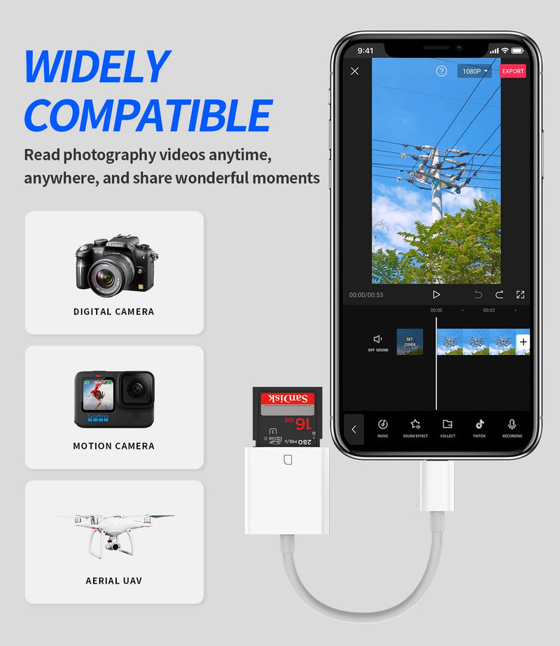 SD Card Reader Compatible for iPhone Memory Stick Lightning Adapter to Camera Ipad 13 12 11 Pro Max X Xs Xr 8 7 6 Plus 6s SE Air Mini Accessories Apple MFI Certified Adaptador Phone Camera Viewer