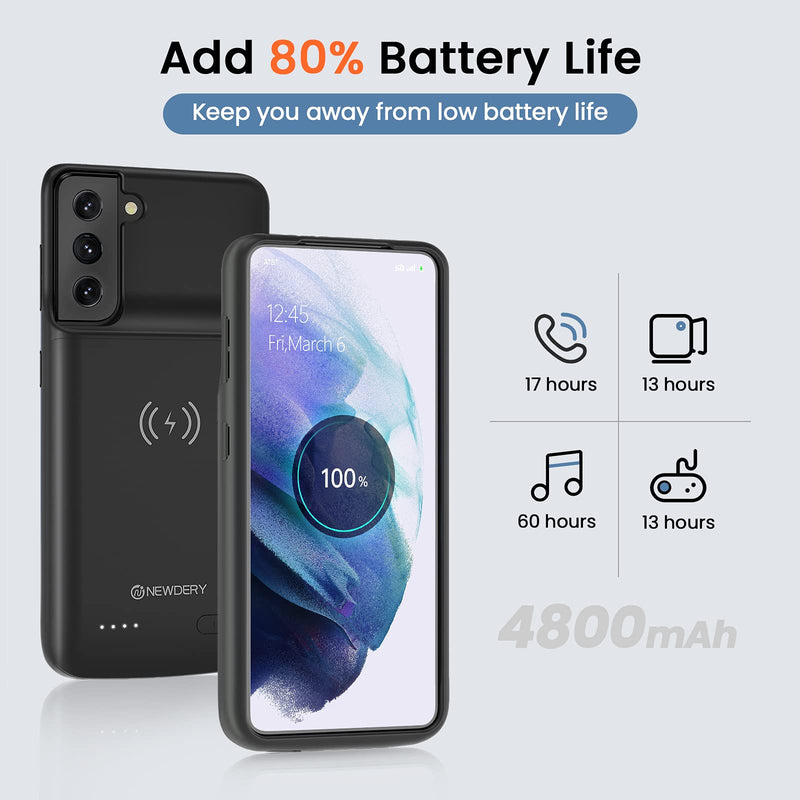 NEWDERY Galaxy S21 Battery Case Qi Wireless Charging Compatible, 4800mAh Extended Power Case Slim Protective Portable Charger Case Rechargeable for Samsung Regular S21 5G -6.2inch