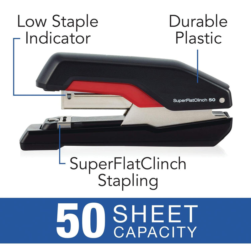 Swingline Stapler, SuperFlatClinch 50, Half Strip Desktop Stapler, 50 Sheet Capacity, Black/Red (5000599A) Compact