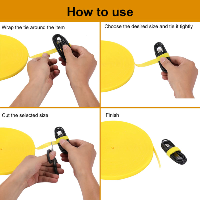 1/2 inch Reusable Fastening Tape Cable Ties Double-Sided Hook-and-Loop Cable Management Tape (Yellow 25 Yards)