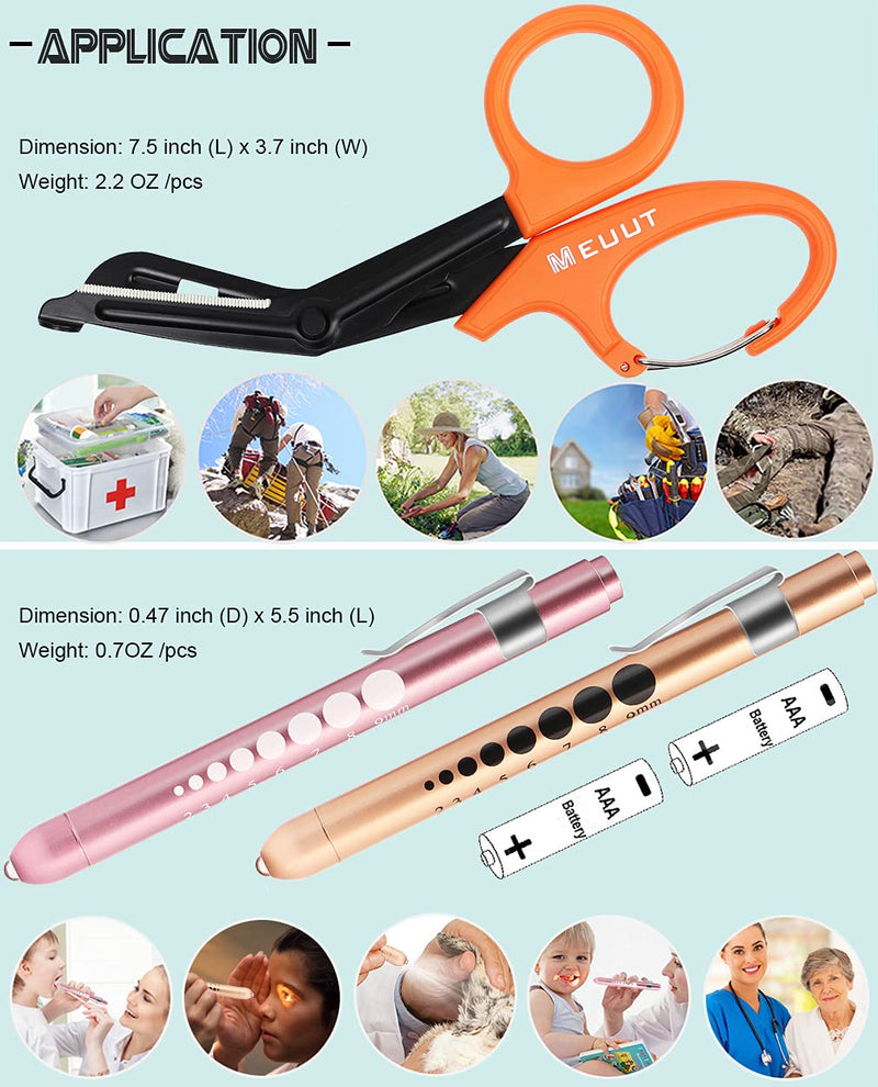 MEUUT 3 Pack Medical Scissors Penlights for Nurses-Two Medical Pen lights with Pupil Gauge, One 7.5" Trauma shears Bandage Scissors with Carabiner-Nurse Accessories for Nurse Doctor Orange shear+Light pink&Rose gold penlight