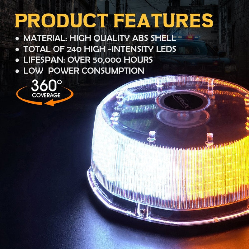 Xprite White Amber Yellow 240 LED Emergency Warning Rotating Strobe Beacon Light, 14 Flash Modes Revolving Safety Caution Lights with Magnetic Mount, for 12V Vehicle Truck Snow Plow