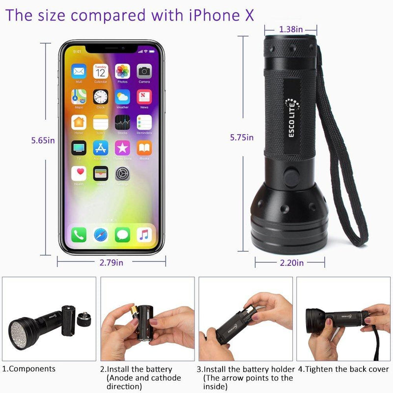 Escolite Black Light UV Flashlight, Escolite UV Lights 51 LED Ultraviolet Blacklight Flashlight Pet Urine Detector, Matching with Pet Odor Eliminator