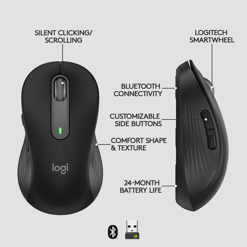 Logitech Signature M650 Wireless Mouse - for Small to Medium Sized Hands, 2-Year Battery, Silent Clicks, Customizable Side Buttons, Bluetooth, Multi-Device Compatibility - Black Right Handed Small-Medium Size