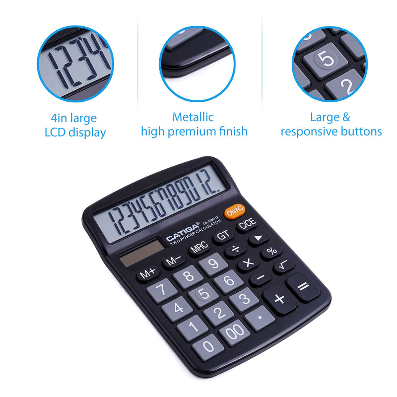 Desktop Calculator 12 Digit with Large LCD Display and Sensitive Button, Solar and Battery Dual Power, Standard Function for Office, Home, School, CD-2786 (Black) Black