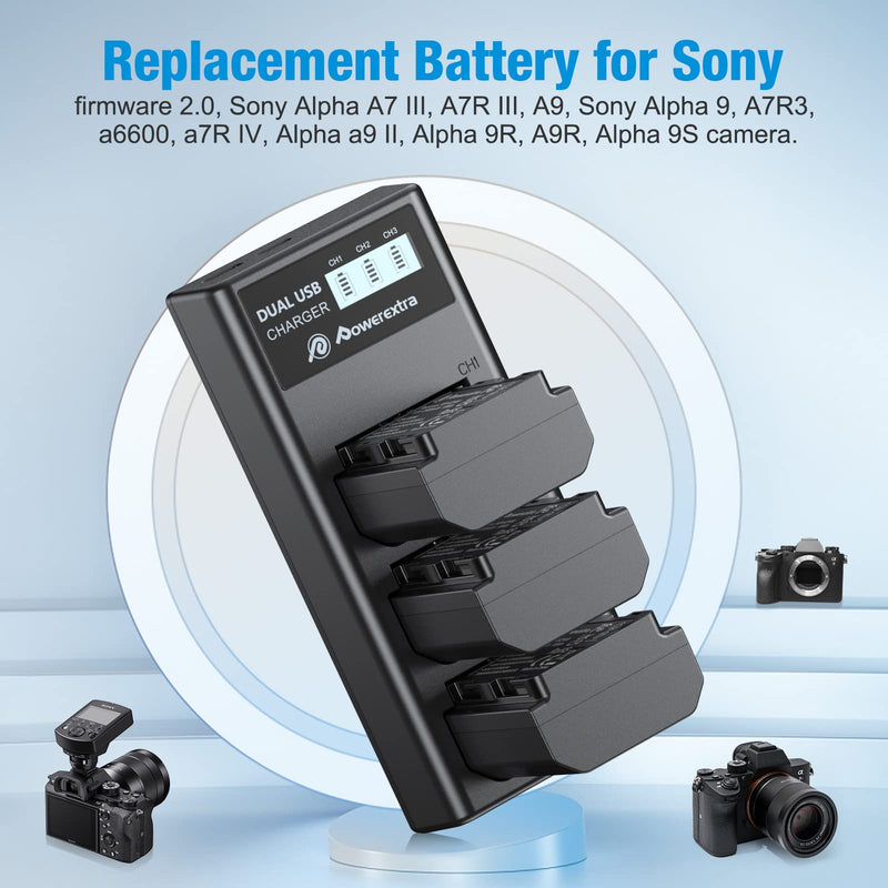 Powerextra Replacement Sony NP-FZ100 Battery and LCD Triple Charger for Firmware 2.0 Sony Alpha A7 III, A7R III, A9, Sony Alpha 9, A7R3, a6600, a7R IV, Alpha a9 II, Alpha 9R, A9R, Alpha 9S Camera