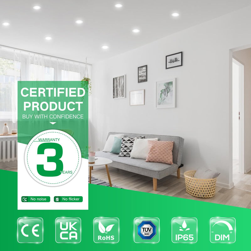 ALUSSO LED recessed spotlights 230V dimmable flat LED spots 7W IP65 ceiling spots 68mm warm white neutral white cold white recessed lights for bathroom kitchen living room, white, set of 6 round white