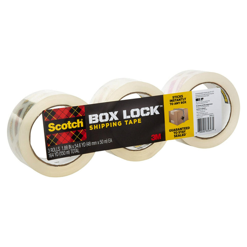 Scotch Box Lock Packaging Tape, 3 Rolls, 1.88 in x 54.6 yd, Extreme Grip Packing, Shipping and Mailing Tape, Sticks Instantly to Any Box