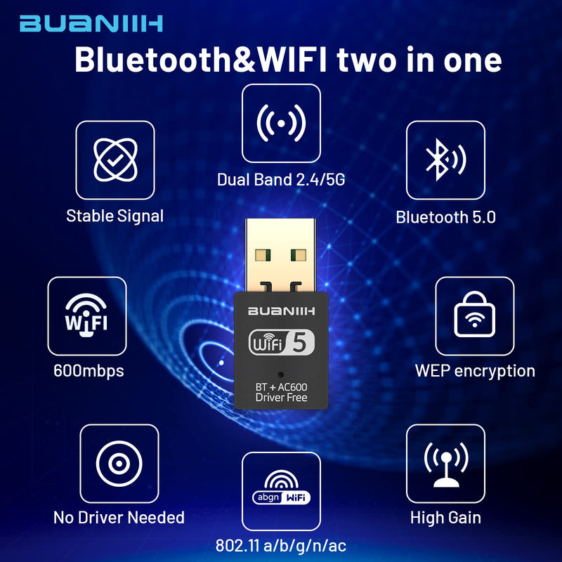 Bluetooth USB WiFi Adapter 2 in 1,Bluetooth Wireless External Receiver,600Mbps 2.4/5.8Ghz Dual Band Wireless Network,Plug and Play, for PC/Laptop/Desktop,Support Win7/8/8.1/10/Win 11