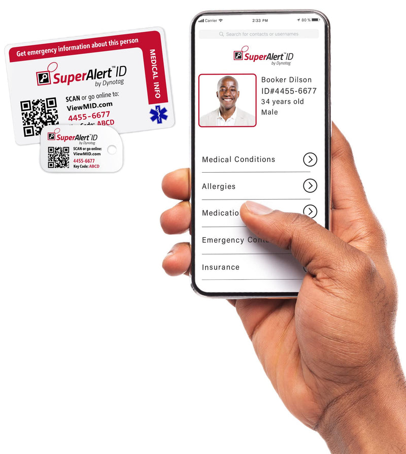 Dynotag SuperAlert™ Smart Medical ID with Detailed Online Profile; Wallet and Keychain Card kit with Lifetime Subscription