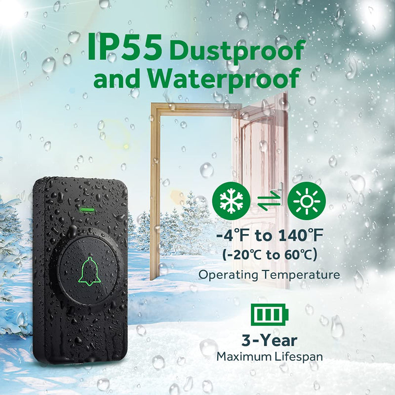 Wireless Door Bell, AVANTEK CB-21 Mini Waterproof Wireless Doorbell Operating at Over 1000 Feet, 2 Remote Buttons Can Have Different Tones, 52 Melodies, CD Quality Sound and LED Flash Black