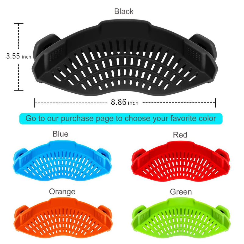 AUOON Clip On Strainer Silicone for All Pots and Pans, Pasta Strainer Clip on Food Strainer for Meat Vegetables Fruit Silicone Kitchen Colander Black