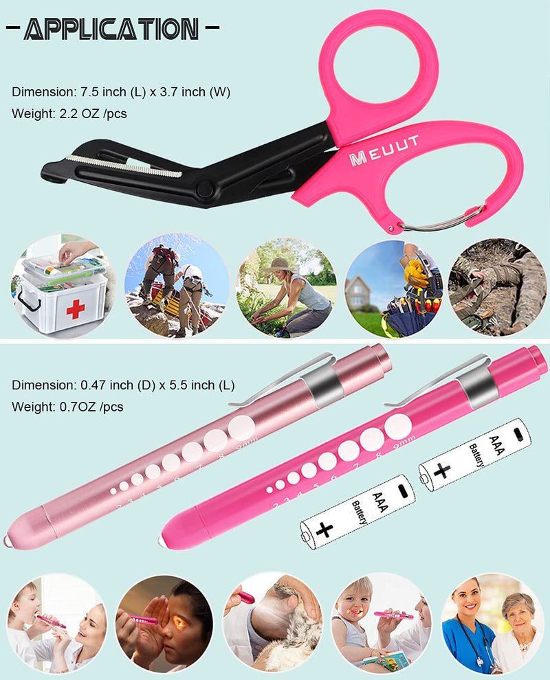 MEUUT 3 Pack Medical Scissors Penlights for Nurses-Two Medical Pen lights with Pupil Gauge, One 7.5" Trauma shears Bandage Scissors with Carabiner-Nurse Accessories for Nurse Doctor Pink scissor+Pink&Light pink penlight