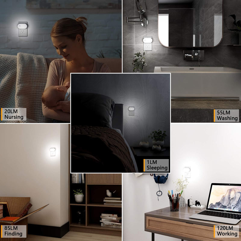 Motion Sensor Night Light Plug in, LYRIDZ LED Nightlight Super Bright 1-120LM Smart Cold White Light with Stepless Adjustable Brightness for Bedroom, Kitchen, Stairs, Hallway, 2 Pack