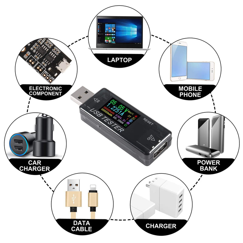 8 in 1 USB Tester Voltage and Current Tester 10V 3A Voltmeter Capacity Current Meter Digital Multimeter Current Tester Voltage Detector for Chargers Cables Power Banks 2 Black