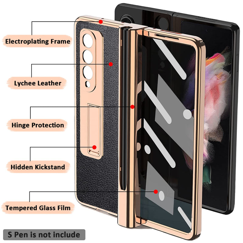 Miimall Compatible Samsung Galaxy Z Fold 3 Case with Pen Holder, Leather Pattern+Tempered Glass Screen Protector+Plating All-Inclusive Hinge Protective Cover Case for Samsung Galaxy Z Fold 3 5G(Black) Black