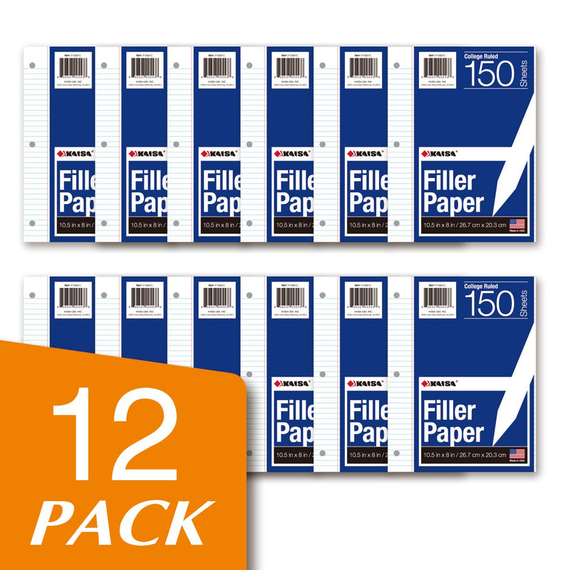 Kaisa Loose Leaf Paper Filler Paper College Ruled 150 Sheets 8"x10.5" 3-Hole Punched for 3-Ring Binders, 12packs 12pack