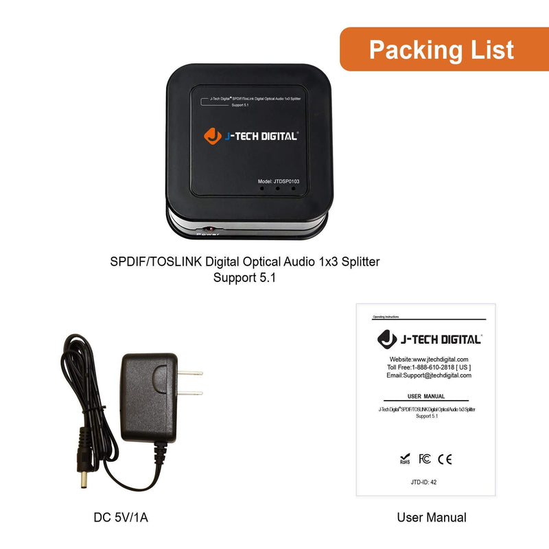 J-Tech Digital Premium Quality SPDIF TOSLINK Digital Optical Audio 1x3 Splitter (One Input 3 Outputs)