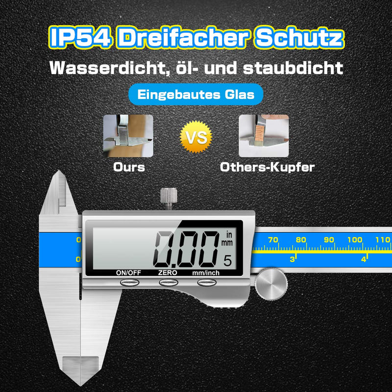 Digital caliper industrial quality Orthland caliper digital caliper 150 mm with large LCD precision caliper gauge depth gauge stainless steel analog IP54 waterproof for indoor outdoor steps brass blue
