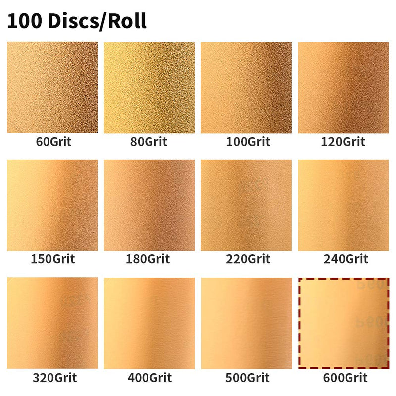 SPEEDWOX 100 Pcs Sanding Paper Discs Roll Pressure Sensitive Adhesive Discs 600 Grit 6 Inches C-Weight Sandpaper Aluminium Oxide Golden Yellow Sticky Backing Anti-Loading Coating