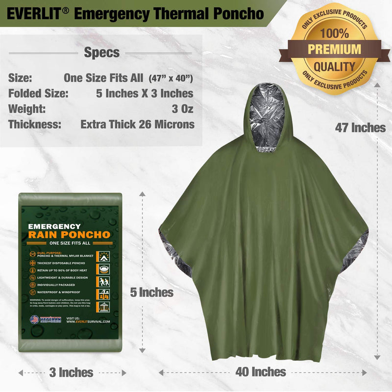 EVERLIT [4-Pack] Emergency Survival Rain Poncho Reusable Mylar Thermal Blanket Poncho All Weather Proof Outdoor Camping Gear Green