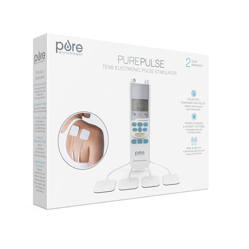 Pure Enrichment PurePulse TENS Electronic Pulse Stimulator Featuring Comprehensive LCD Screen, 6 Programs, 3 Massage Settings, and 2 Channels - Includes 4 AAA Batteries + 4 Reusable Electrode Pads