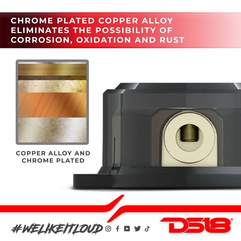 DS18 DB1034 Distribution Ground Block - 1 x 0GA In/ 3 x 4GA Out, Nickle Plated Internal Material, High-Strength Heat Resistant Plastic Housing, Oversized Set Screws for Secure Connections (1 In 3 Out) Single 1X0GA in - 3X4GA Out Standard Packaging
