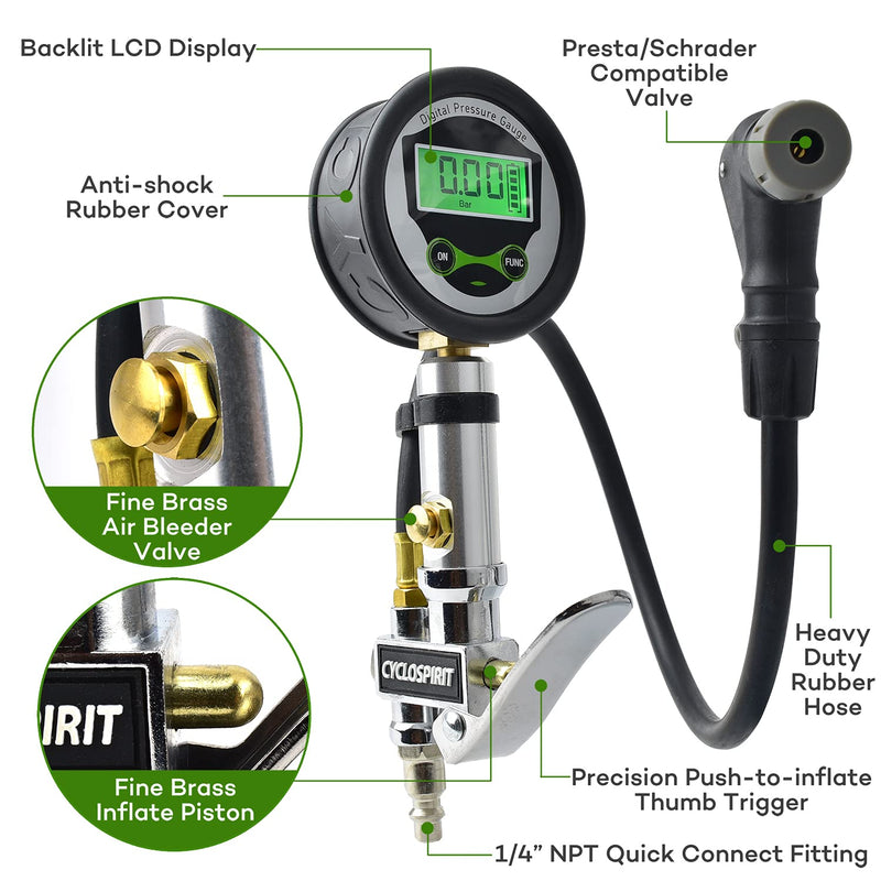 Digital Universal Bicycle Tire Inflator Gauge with Auto-Select Valve Type - Presta and Schrader Air Compressor Tool