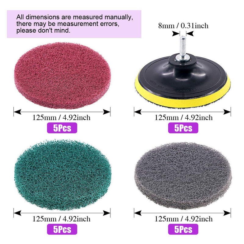 Swpeet 16Pcs 5Inch 3 Different Color Scouring Pads Drill Powered Brush Tile Scouring Pads Cleaning Set, Sanding Polishing Pads Replacement with 1-Pcs Hook Attachment for Home Cleaning