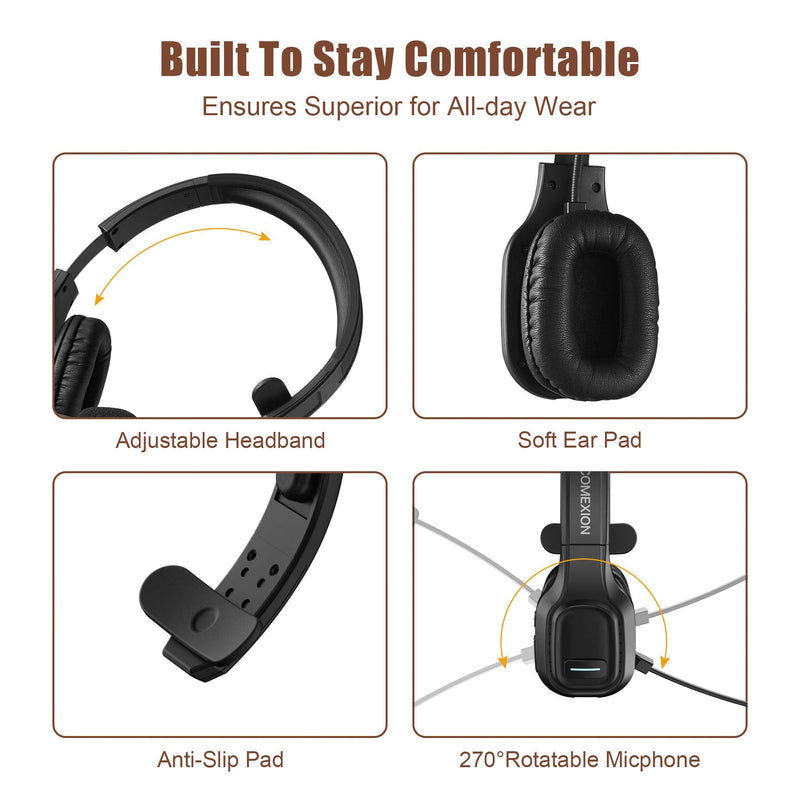 COMEXION Trucker Bluetooth Headset V5.0, Wireless Headset with Noise Canceling&Mute Microphone for Cell Phones, On Ear Bluetooth Headphone with Wireless&Wired Mode for Trucker, Home Office, Skype BH-M100