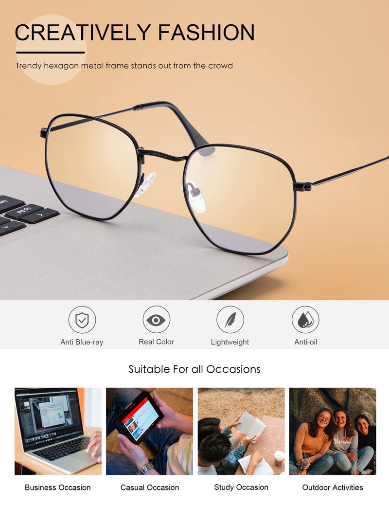 NSSIW Blue Light Blocking Glasses Hexagonal Frame for Women Men, Blue Ray Gaming Glasses with Anti Eye strain and UV Glare A1 Black