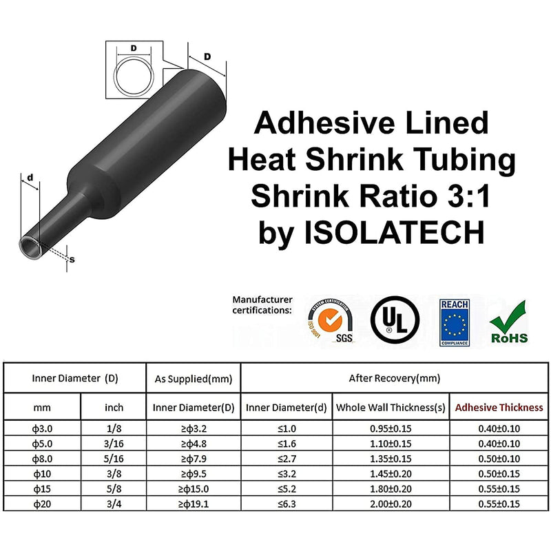 142 pieces 3:1 with adhesive black shrink tube assortment unlabelled. Set total length of 8.3m in a practical box. Hot glue layer on the inside waterproof ISOLATECH