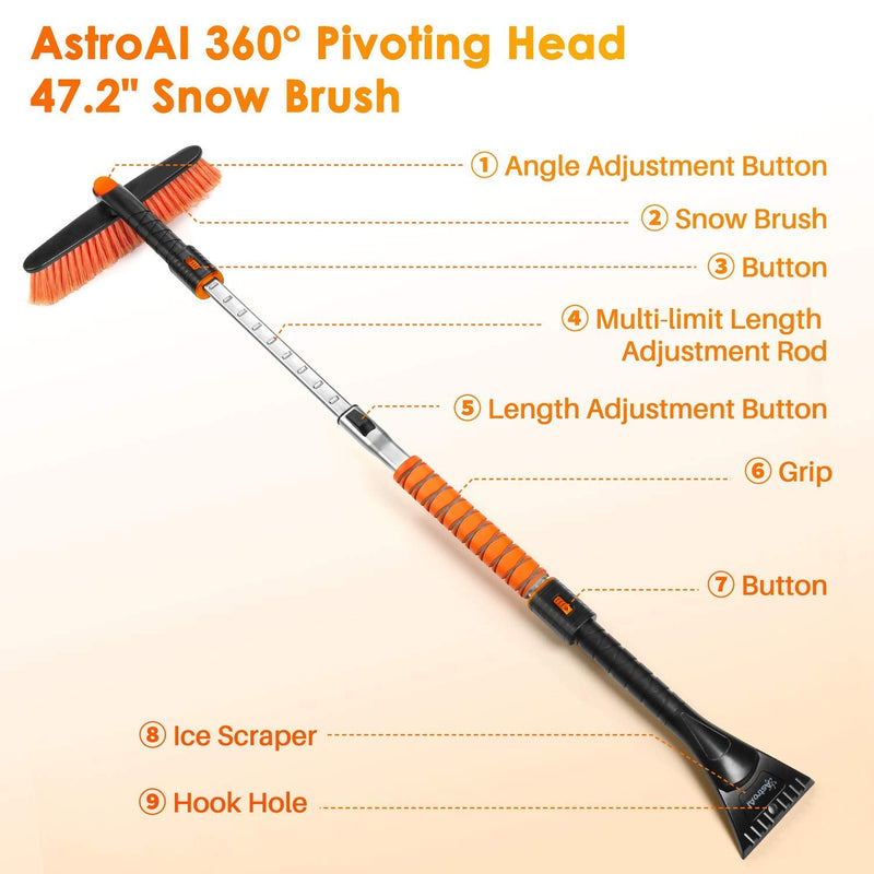 AstroAI 47.2" Ice Scraper and Extendable Snow Brush for Car Windshield and Foam Grip with 360Â° Pivoting Brush Head for Christmas Car Auto Truck SUV(Orange) Medium orange