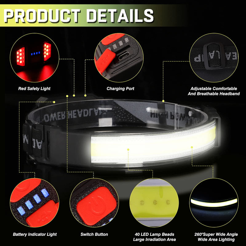 LED Headlamp 2 Pack,Super Bright 1500Lumen USB Rechargeable Headlamp with Tail Red Light ,Wide Beam Illumination Waterproof Headlamp,3 Modes Adjustable Headband Head Lamp for Running,Fishing