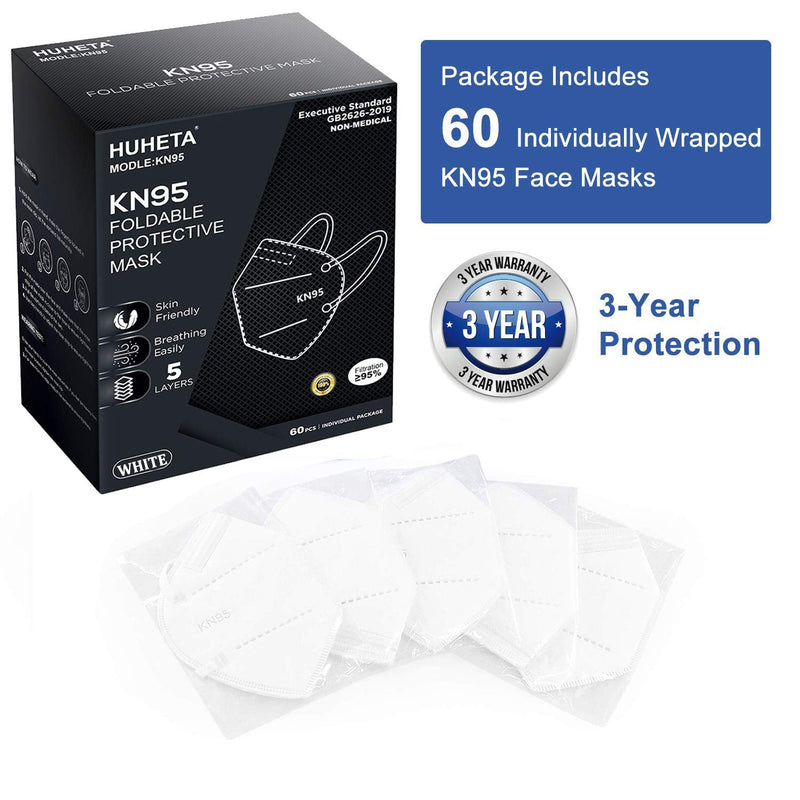 HUHETA KN95 Face Mask 60 Pack, 5-Ply Breathable & Comfortable Safety Mask, Filter Efficiency>=95%, Protective Cup Dust Masks Against PM2.5 - Individually Wrapped (White Mask) White
