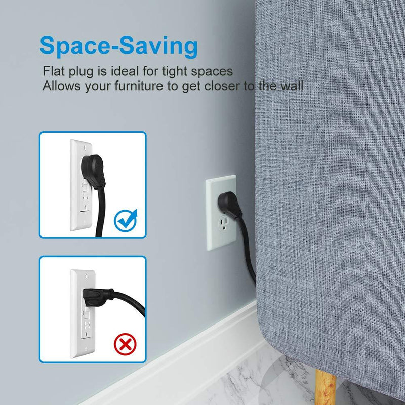 DEWENWILS 1 Foot Extension Cord, Low Profile Angled Flat Plug, 3 Prong Grounded Wire, SJT 14 AWG Flexible Power Cord, Rated for Indoor Use, ETL Listed, 3 Pack Black