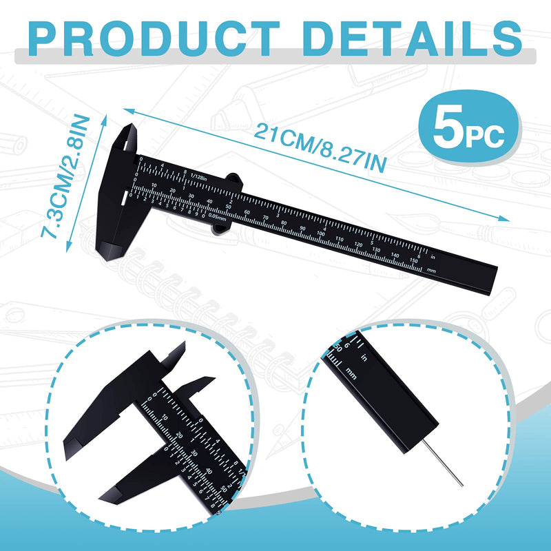 6 Inch/ 150 mm Mini Plastic Caliper Double Scale Measuring Tool Rectangular Vernier Caliper Fast Read Sliding Gauge Ruler for Eyebrow Stencil Makeup Student School Office Home, Black, 5 Pieces