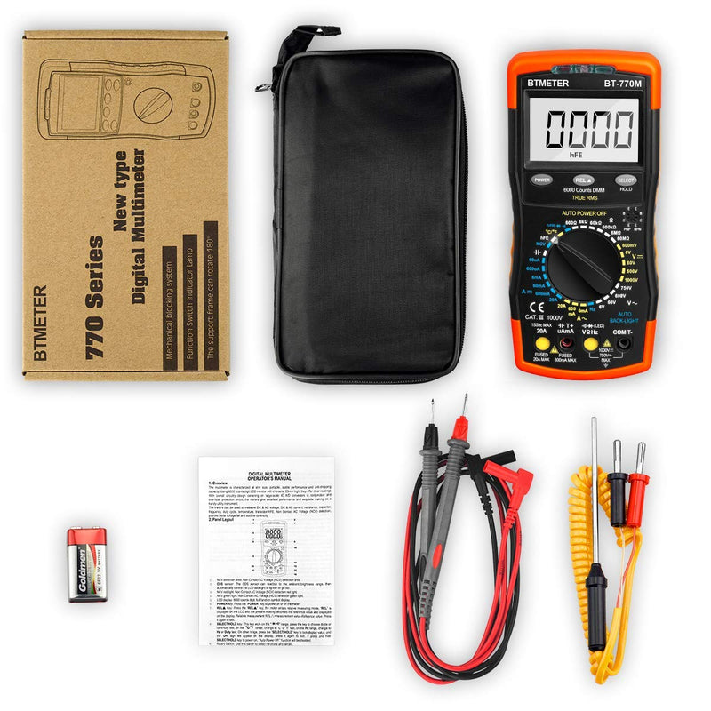 Digital Multimeter TRMS 6000 Count, BTMETER BT-770M Auto/Manual Ranging DMM Electrical Meter Tester for AC/DC Amp, AC/DC Volt, Ohm Capacitance Frequency Continuity Temperature NCV, Auto Backlight BT-770M Manual Ranging